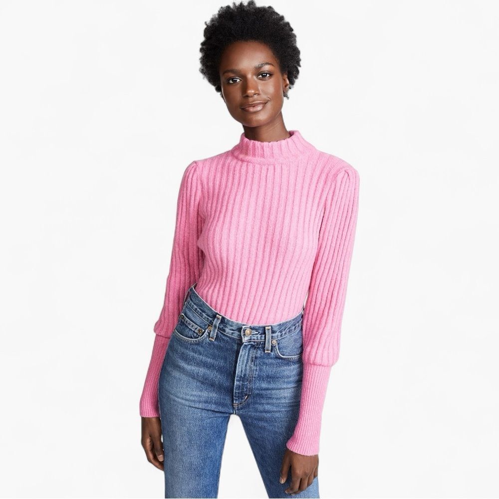 WAYF Miles Puff Sleeve Ribbed Turtleneck Sweater Pink Knit Size Small Mock Neck